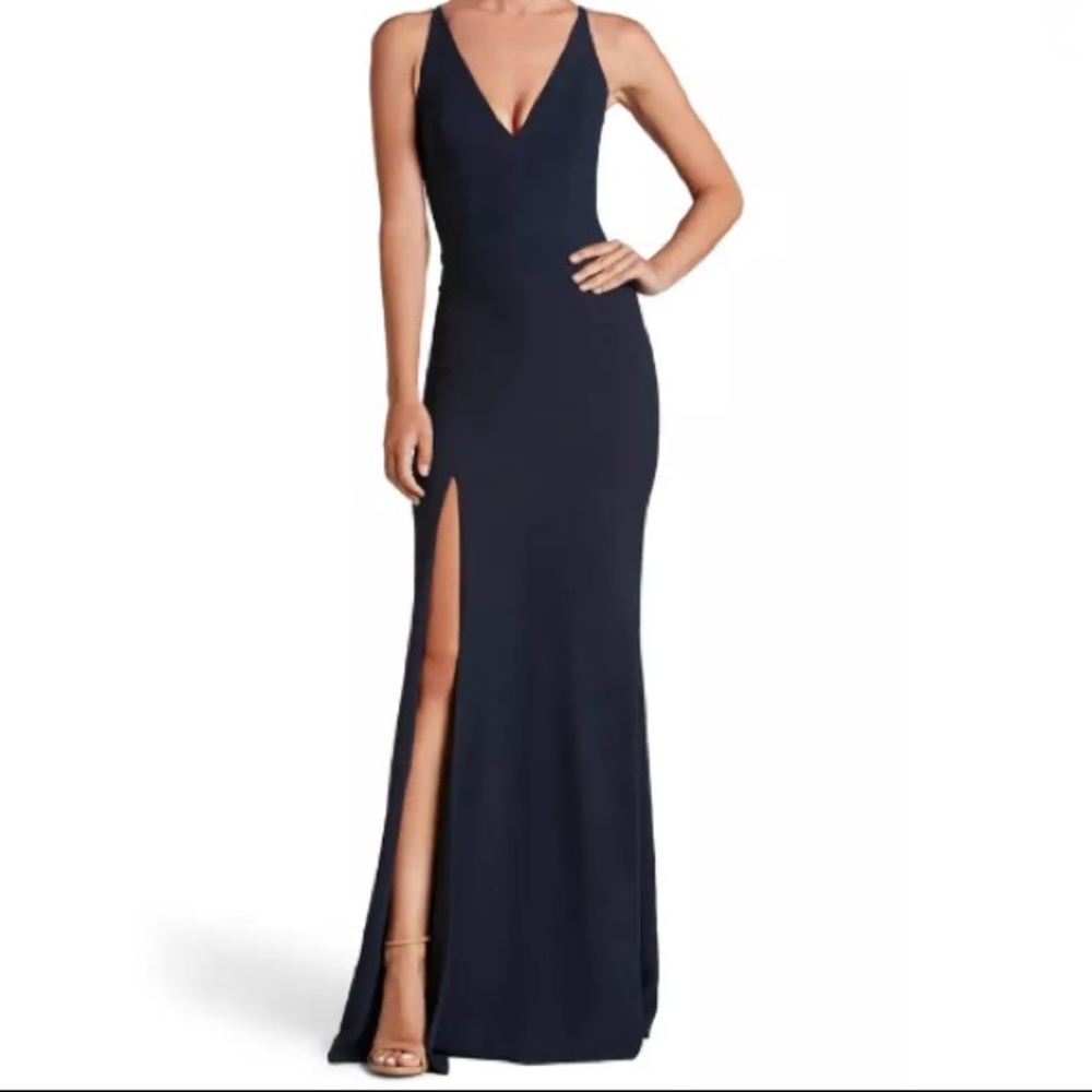 Dress the population iris high slit vneck gown NWT
